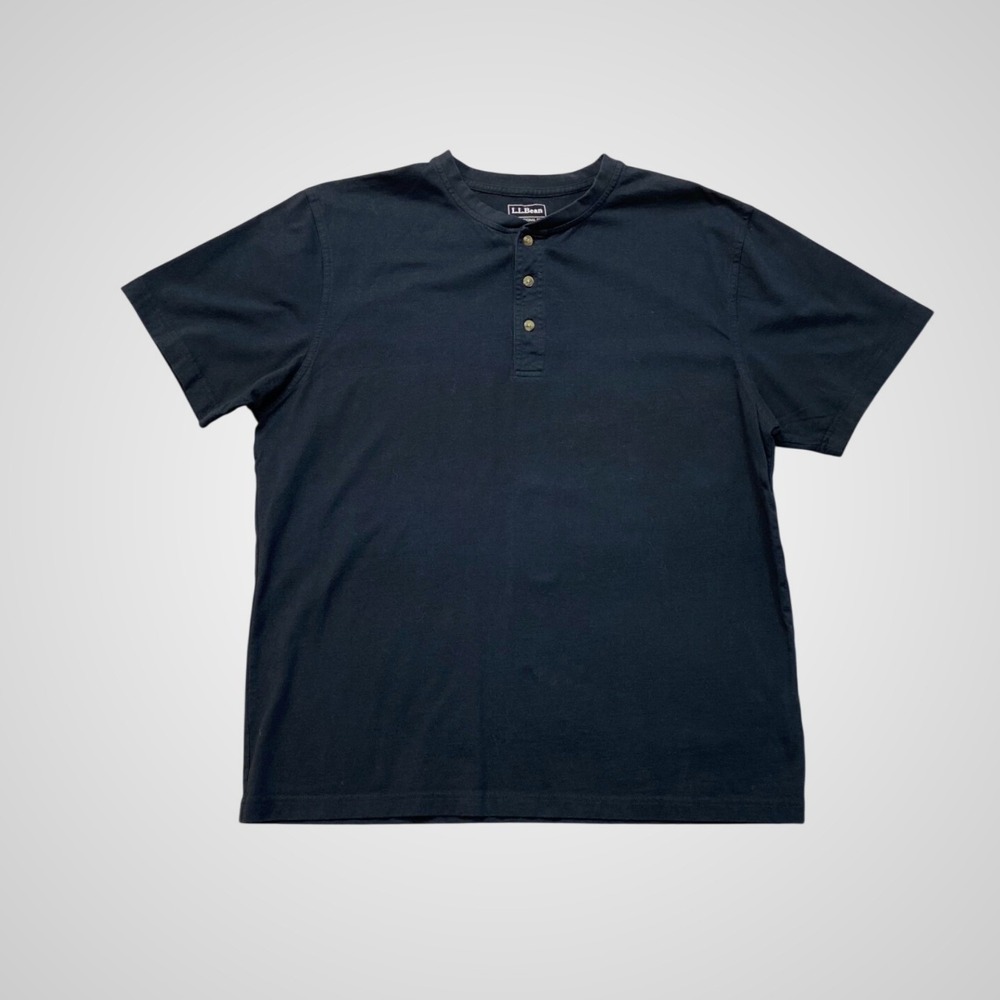 L.L. Bean Henley Shirt Mens L Black Excellent Cotton Short Sleeve 224626